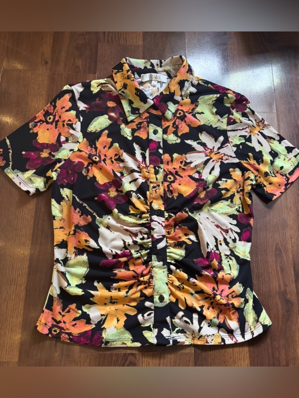 Wayf Black Floral Button-Up Blouse with Yellow, Green & Magenta Accents